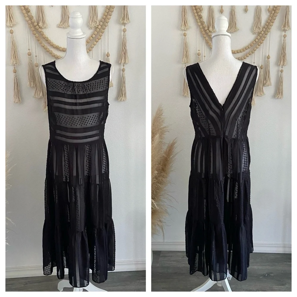 J Crew black sheer midi dress sleeveless Swiss dot ruffle tier party medium